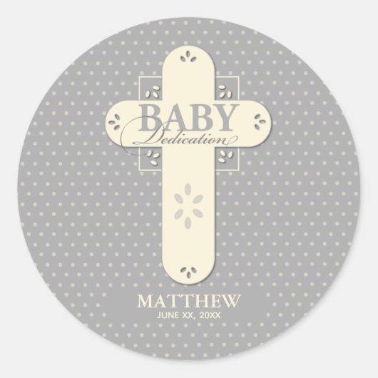 Personaliseer, Baby Dedication Cream & Grey Cross Ronde Sticker (Voorkant)