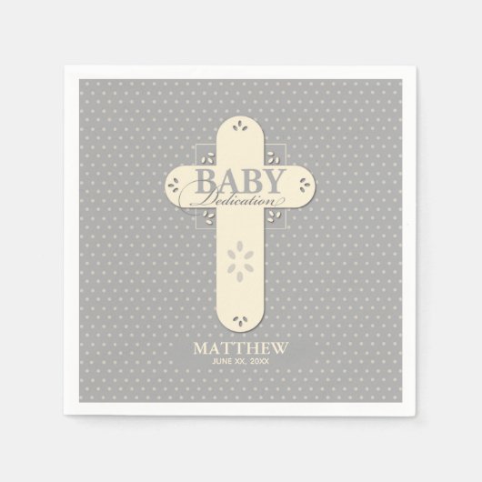 Personaliseer, Baby Dedication Cream & Grey Cross Servet (Voorkant)
