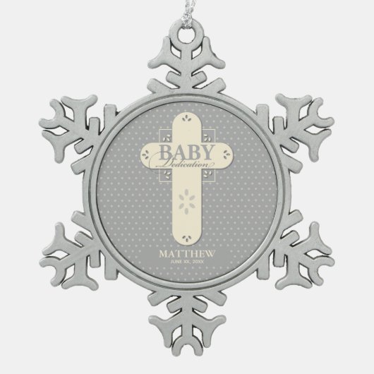 Personaliseer, Baby Dedication Cream & Grey Cross Tin Sneeuwvlok Ornament (Voorkant)