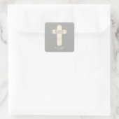 Personaliseer, Baby Dedication Cream & Grey Cross Vierkante Sticker (Tas)