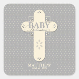 Personaliseer, Baby Dedication Cream & Grey Cross Vierkante Sticker