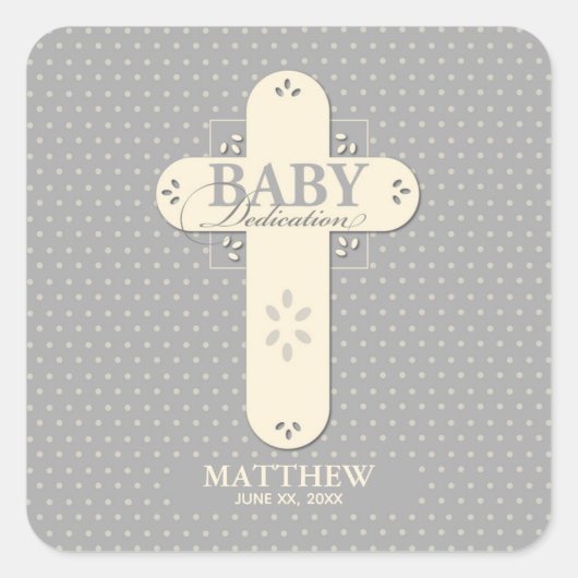 Personaliseer, Baby Dedication Cream & Grey Cross Vierkante Sticker (Voorkant)