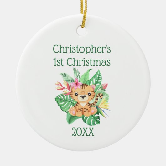 Personaliseer Baby eerste kerstfeest Baby Tijger G Keramisch Ornament (Voorkant)