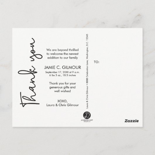 Personaliseer Baby Geboorteaankondiging Dank u Briefkaart (Achterkant)