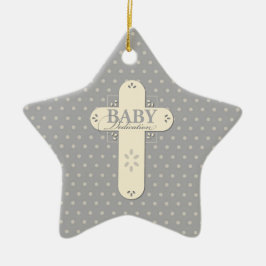 Personaliseer, Baby Inwijding Crème & Grijze Kruis Keramisch Ornament
