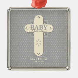 Personaliseer, Baby Inwijding Crème & Grijze Kruis Metalen Ornament