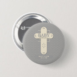 Personaliseer, Baby Inwijding Crème & Grijze Kruis Ronde Button 5,7 Cm