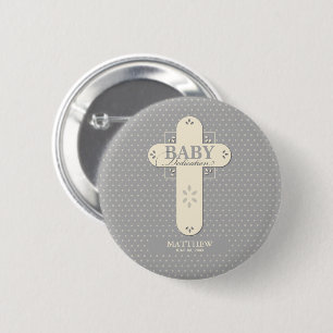 Personaliseer, Baby Inwijding Crème & Grijze Kruis Ronde Button 5,7 Cm