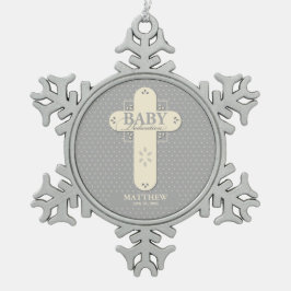 Personaliseer, Baby Inwijding Crème & Grijze Kruis Tin Sneeuwvlok Ornament