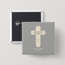Personaliseer, Baby Inwijding Crème & Grijze Kruis Vierkante Button 5,1 Cm