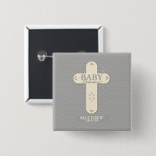 Personaliseer, Baby Inwijding Crème & Grijze Kruis Vierkante Button 5,1 Cm