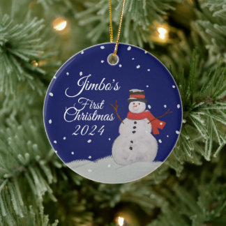 Personaliseer Baby's eerste kerst. Happy Snowman Keramisch Ornament