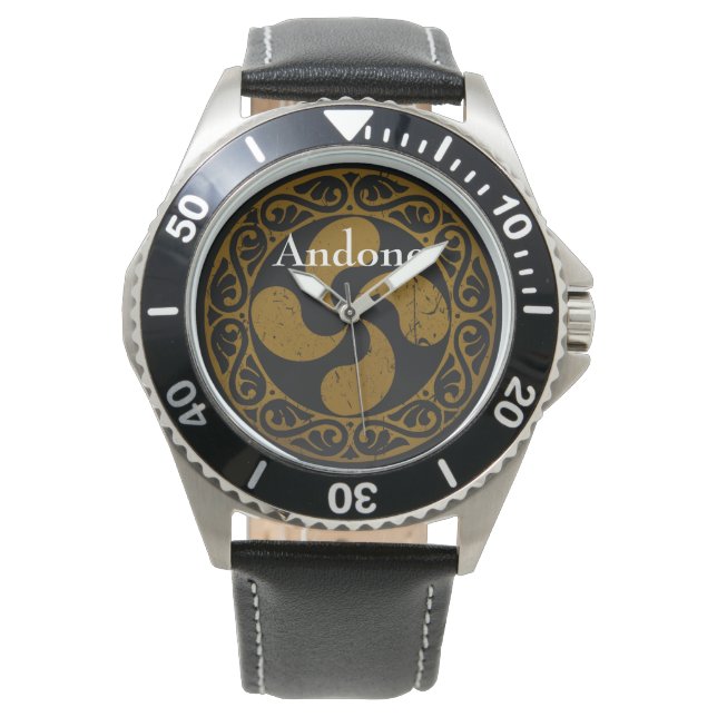 Personaliseer, Baskisch verdrietig brons Lauburu, Horloge (Voorkant)