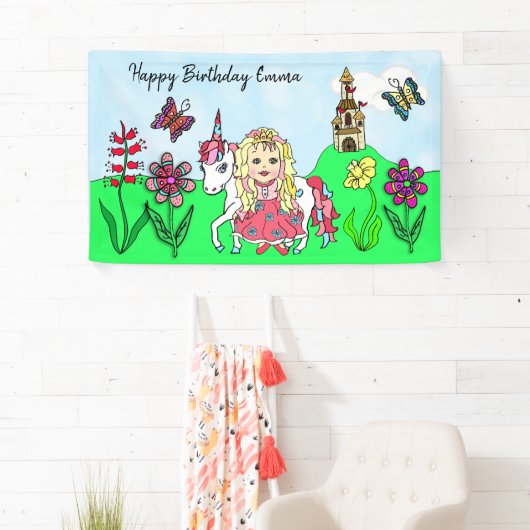 Personaliseer Birthday Banner Princess en Unicorn (Insitu)