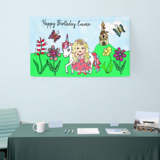 Personaliseer Birthday Banner Princess en Unicorn (Beurs)