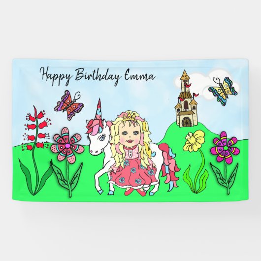 Personaliseer Birthday Banner Princess en Unicorn (Horizontaal)