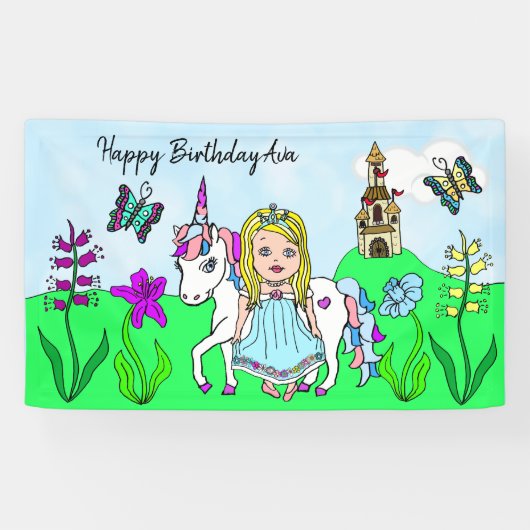 Personaliseer Birthday Banner Princess en Unicorn (Horizontaal)