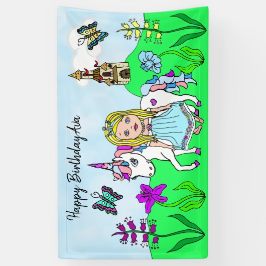 Personaliseer Birthday Banner Princess en Unicorn (Verticaal)