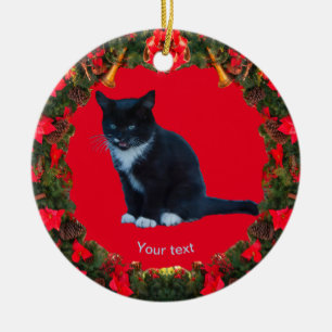 Personaliseer Black Kitten Tuxedo zittend Meows Keramisch Ornament