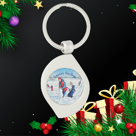 PERSONALISEER Blauw en Rood Winter Schilderij Scen Sleutelhanger