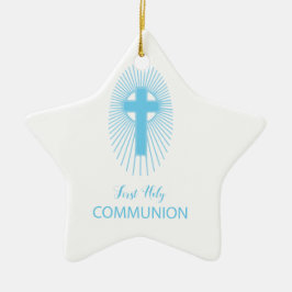 Personaliseer, Blauwe Eerste Heilige Communie Krui Keramisch Ornament