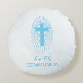 Personaliseer, Blauwe Eerste Heilige Communie Krui Rond Kussen