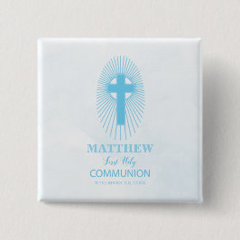 Personaliseer, Blauwe Eerste Heilige Communie Krui Vierkante Button 5,1 Cm