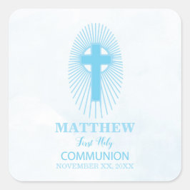 Personaliseer, Blauwe Eerste Heilige Communie Krui Vierkante Sticker