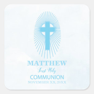 Personaliseer, Blauwe Eerste Heilige Communie Krui Vierkante Sticker