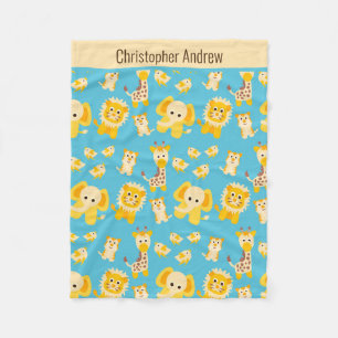 Personaliseer Blauwe Gele Jungle Safari Dieren Bab Fleece Deken