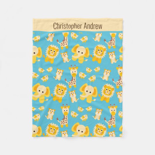 Personaliseer Blauwe Gele Jungle Safari Dieren Bab Fleece Deken (Voorkant)