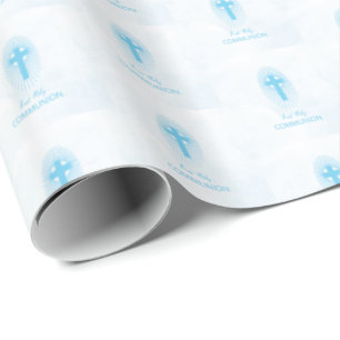 Personaliseer, Blauwe Jongen Eerste Heilige Commun Cadeaupapier