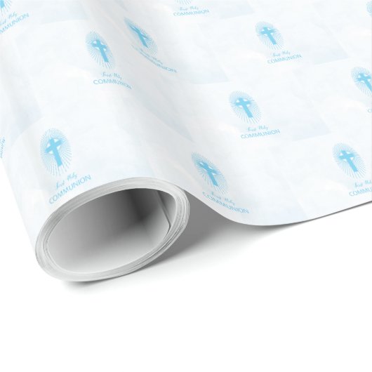 Personaliseer, Blauwe Jongen Eerste Heilige Commun Cadeaupapier (Rol Hoek)