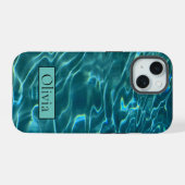 Personaliseer blauwe oceaangolven iPhone 15 case (Achterkant horizontaal)