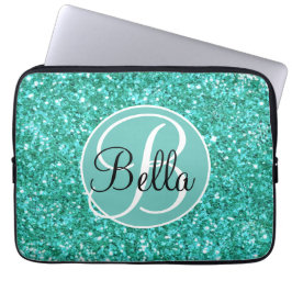 Personaliseer Blauwgroen mousserende glitter monog Laptop Sleeve