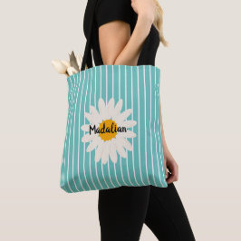 Personaliseer bloemenblauwe strepen Moderne zomer Tote Bag