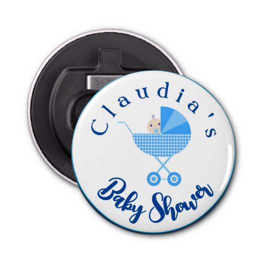 Personaliseer Blue Carriage Baby shower Favor Button Flesopener (Voorkant)