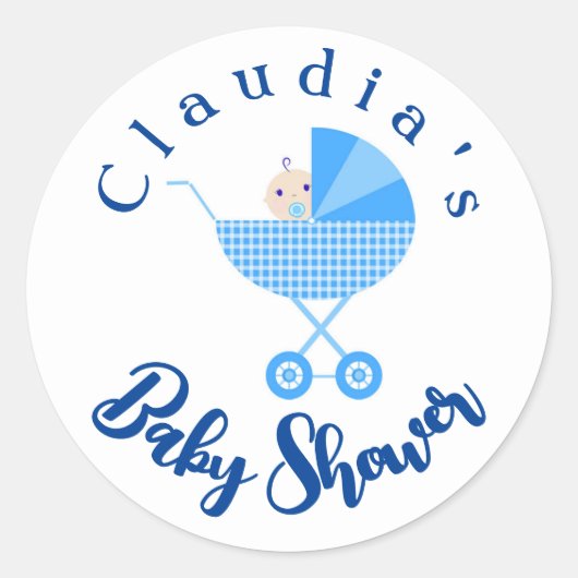 Personaliseer Blue Carriage Baby shower Favor Ronde Sticker (Voorkant)