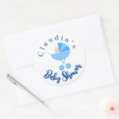 Personaliseer Blue Carriage Baby shower Favor Ronde Sticker (Envelop)