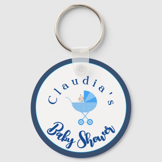 Personaliseer Blue Carriage Baby shower Favor Sleutelhanger (Voorkant)