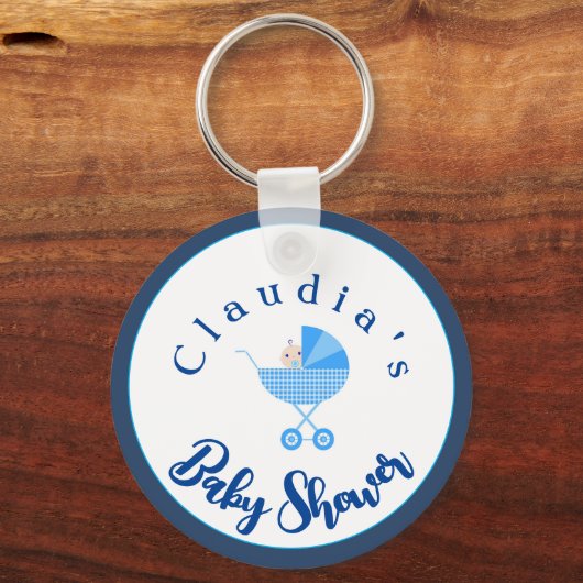 Personaliseer Blue Carriage Baby shower Favor Sleutelhanger (Voorkant)