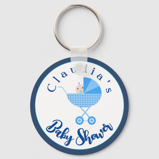Personaliseer Blue Carriage Baby shower Favor Sleutelhanger (Voorkant)