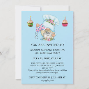 Personaliseer Blue Flower Gnome Chef Cupcake Kaart
