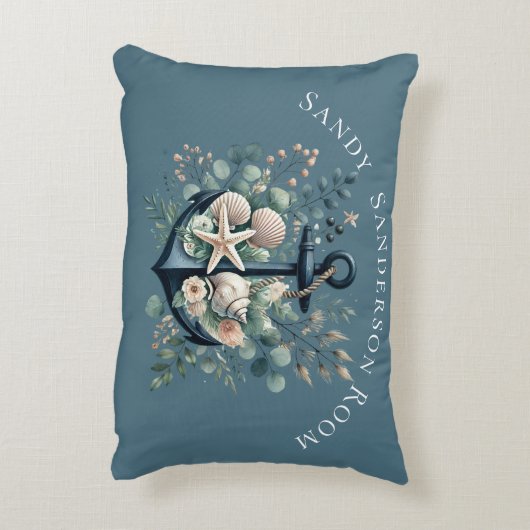 Personaliseer Boho Blue Coastal Anchor Round Accent Kussen (Achterkant (Verticaal))
