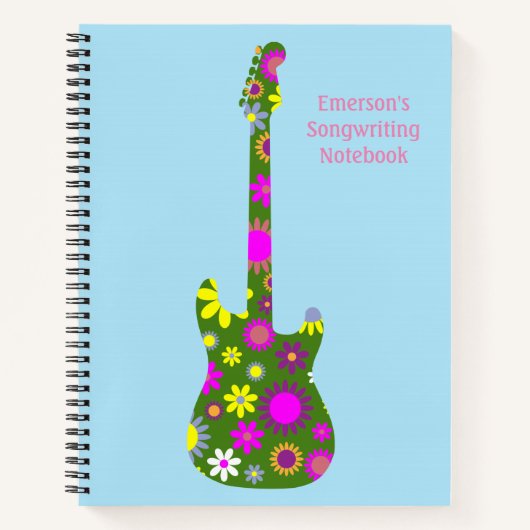 Personaliseer Boho Floral Retro Guitar op Light Bl Notitieboek (Voorkant)