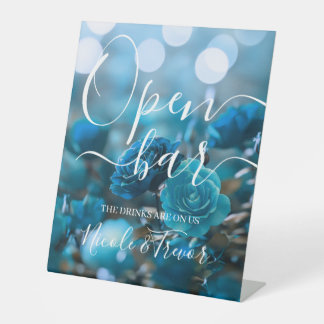 Personaliseer: Bokeh & Blauwe Rozen Trouw Open Bar Reclamebord Met Voetstuk