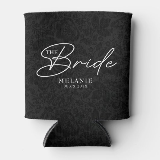 Personaliseer bruid witte typografie zwarte damast blikjeskoeler (Voorkant)