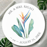 Personaliseer Bruiloft Onderzetters Waterverf Bloe<br><div class="desc">Verhoog uw huwelijksgunsten met deze gepersonaliseerde bruiloft onderzetters, met een prachtige waterverf paradijsvogel in combinatie met weelderige palmblad gebladerte in levendige tinten van sinaasappel, turquoise en groen. Ontworpen door Victoria Grigaliunas van Do Tell A Belle, combineren deze onderzetters elegantie en functionaliteit, waardoor ze ideaal zijn voor bruiloftsdrankjes en doordachte tropische...</div>