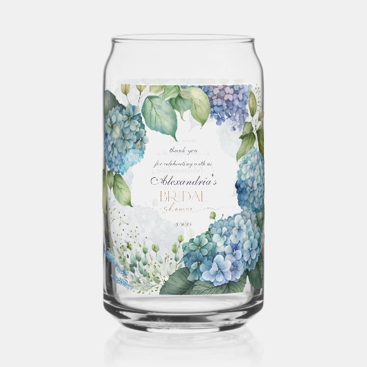 Personaliseer Bruiloftsdouche Blauwe Hortensia's Blikvorm Glas (Voorkant)