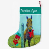 Personaliseer bruine paardenboog met kerstmis kleine kerstsok (Achterkant)